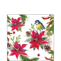 Servietten 25x25 cm - Bird On Poinsettia White Servietten 25x25 cm - Bird On Poinsettia White