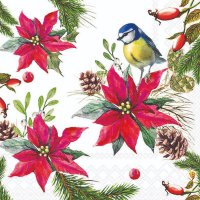 Servietten 33x33 cm - Bird On Poinsettia White Servietten 33x33 cm - Bird On Poinsettia White