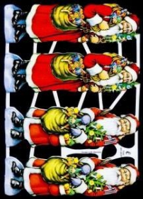 Glanzbilder mit Gold-Glimmer - vier Weihnachtsmänner im roten Mantel