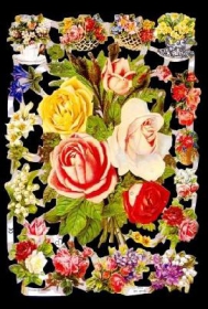 Glanzbilder mit Silber-Glimmer - Rosenstrauß von Blumen umgeben Glanzbilder mit Silber-Glimmer - Rosenstrauß von Blumen umgeben