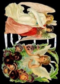 Glanzbilder mit Gold-Glimmer - 2 große Engel und ein Engel in Blumen