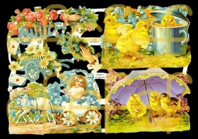 Glanzbilder mit Silber-Glimmer - Küken und Blumenkarren