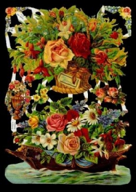 Glanzbilder mit Silber-Glimmer - Blumenkorb und Blumenschiffchen