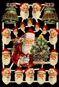 Glanzbilder mit Silber-Glimmer - Weihnachtsmann mit Weihnachtsbaum, 16 Köpfe und 2 Glocken