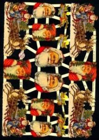 Glanzbilder mit Silber-Glimmer - 4x Weihnachtsmann mit Schlitten und 8 Köpfe.