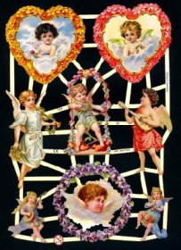 Glanzbilder mit Silber-Glimmer - Verschiedene Engel. 2 im Kranz aus Blumen Glanzbilder mit Silber-Glimmer - Verschiedene Engel. 2 im Kranz aus Blumen