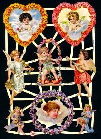 Glanzbilder - Verschiedene Engel. 2 im Kranz aus Blumen