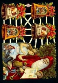 Glanzbilder mit Silber-Glimmer - großer Weihnachtsmann mit Kind und vier Glocken. Glanzbilder mit Silber-Glimmer - großer Weihnachtsmann mit Kind und vier Glocken.