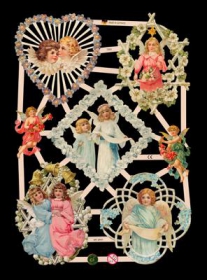 Glanzbilder mit Gold-Glimmer - 7 Engel, u.a. mit Blumenkränzen