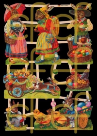 Glanzbilder mit Silber-Glimmer - 7 Osterhasen, Hennen und Küken