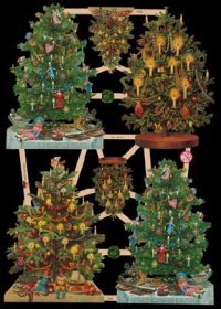 Glanzbilder mit Silber-Glimmer - 4 größere und 2 Weihnachtsbäume