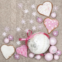 Servietten 33x33 cm - White & Pink Baubles and Hearts