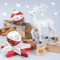 Servietten 33x33 cm - White Reindeer with Wooden Stars