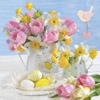 Servietten 33x33 cm - Pastel Spring Flowers with Easter Eggs 