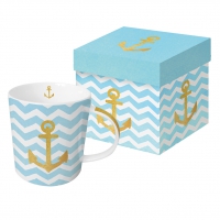 Porzellan-Henkelbecher - Welcome Anchor real gold