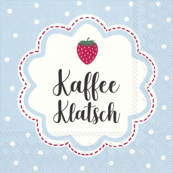 Servietten 25x25 cm - KAFFEE KLATSCH light blue, Punkte, Erdbeeren, Schriften, Früchte Servietten 25x25 cm - KAFFEE KLATSCH light blue