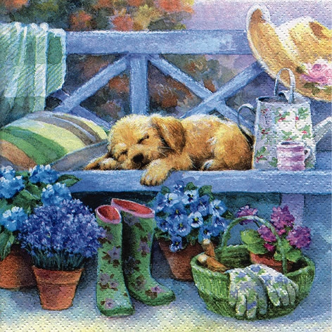 Servietten 33x33 cm - Gardening Break, Kissen, Giesskanne, Bank, Korb, Stiefmütterchen, Hunde, Blumen, Tiere Servietten 33x33 cm - Gardening Break